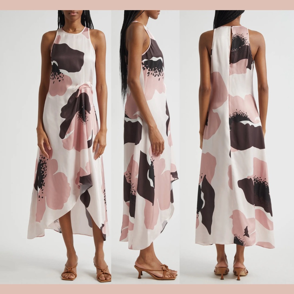 NEW $285 Reiss [ 12 US ] Michalie Floral Satin‎ High Low Dress in Pink #U1439